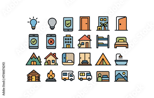 of vector colored flat icons. outline stroke user interface simple colored icons style Travel (lodging) light on light off door open door closed booking active booking inactive city hotel