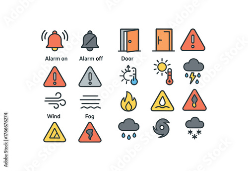 of vector colored flat icons. outline stroke user interface simple colored icons style Weather (warnings) alarm on alarm off door open door closed alert active alert inactive heat advisory