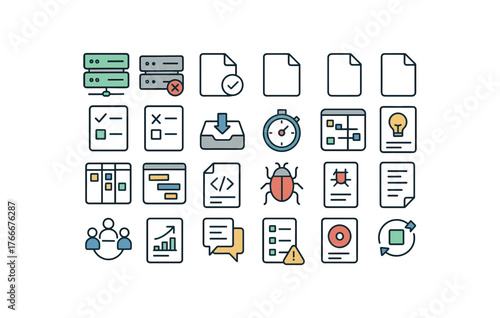 of vector colored flat icons. outline stroke user interface simple colored icons style Office (workflow) server on server off file open file closed task active task inactive inbox tray