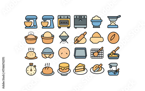 of vector colored flat icons. outline stroke user interface simple colored icons style Baking (process) mixer on mixer off oven open oven closed proof active proof inactive scale measure