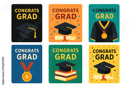 Graduation celebration cards featuring caps, diplomas, and medals for congratulating graduates in a festive design