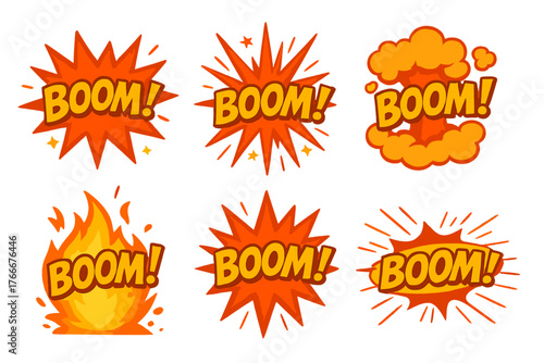 Colorful comic-style explosion graphic elements with the word boom in bold letters for creative projects