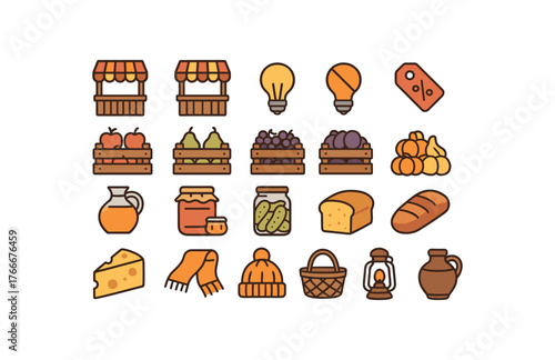 of vector colored flat icons. outline stroke user interface simple colored icons style Autumn (market) stall open stall closed lamp on lamp off sale active sale inactive crate pear crate