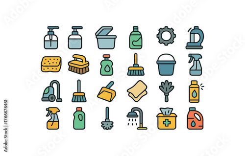 of vector colored flat icons. outline stroke user interface simple colored icons style Products (cleaning) pump on pump off lid open lid closed work active work inactive sponge scrub brush