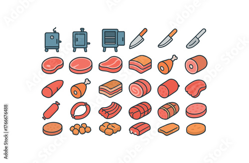 of vector colored flat icons. outline stroke user interface simple colored icons style Meat (pork) smoker on smoker off tray open tray closed cut active cut inactive pork chop pork loin