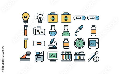 of vector colored flat icons. outline stroke user interface simple colored icons style Healthcare (lab) light on light off case open case closed test active test inactive test tube petri