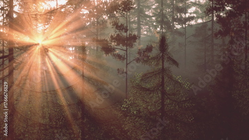 Soft sunlight filters through tall trees in a misty forest, illuminating the scene with a warm glow. The beauty of nature awakens as a new day begins, inviting peace and reflection.