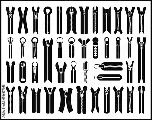 A black and white illustration showcasing a diverse collection of zipper types and styles