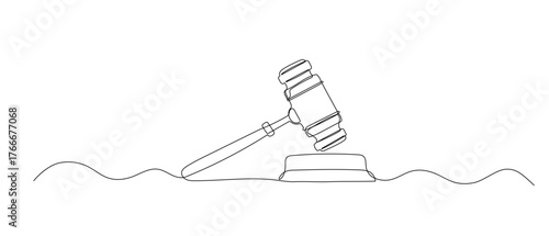 Law hammer continuous line drawing. Judge doodle sketch. Hand drawn vector one line illustration isolated on white background.