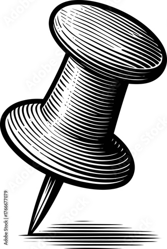A vintage black and white illustration of a metal pushpin with its sharp point embedded in a surface, casting a striped shadow. The image has a classic engraving style.