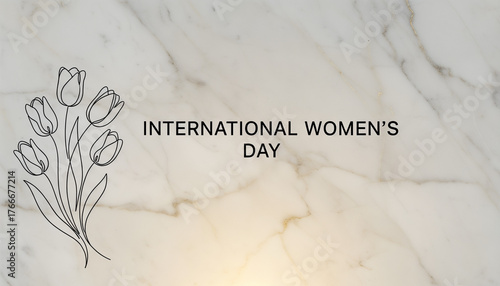 A drawing of a bouquet of tulips and a greeting for International Women's Day on a white marble background in a minimalist style 