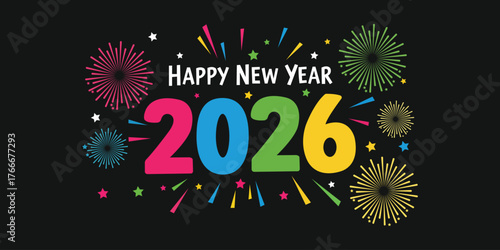 2026,new,year flat vector illustration of a black banner with colorful confetti and text happy new year 2026