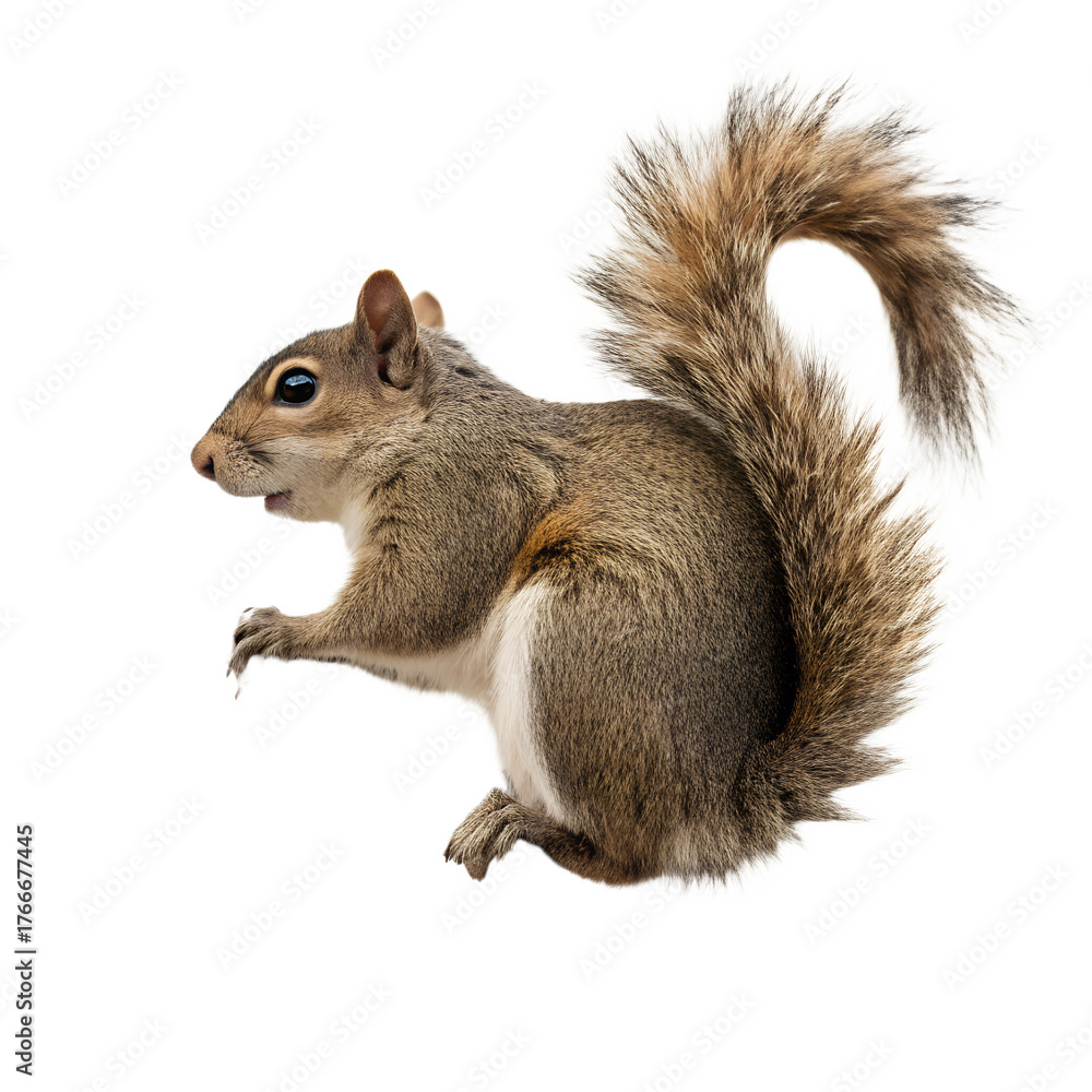 Obraz premium A grey squirrel with a bushy tail isolated on transparent background