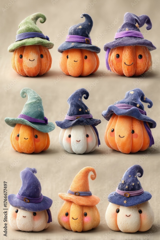 Naklejka premium Cute pumpkins with witch hats showcasing playful Halloween-themed designs