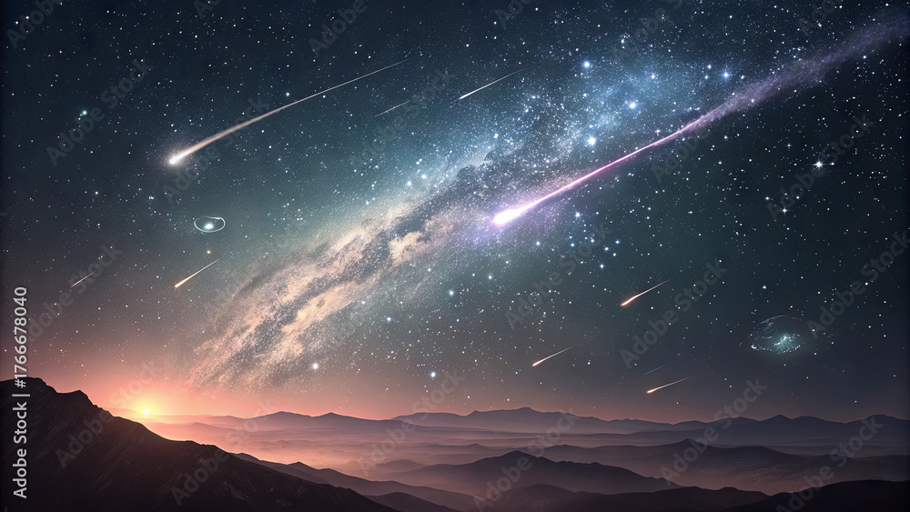 Obraz premium Bright shooting stars streak across a starry sky as the sun sets behind distant mountains. The scene captures the beauty of the cosmos and nature in harmony
