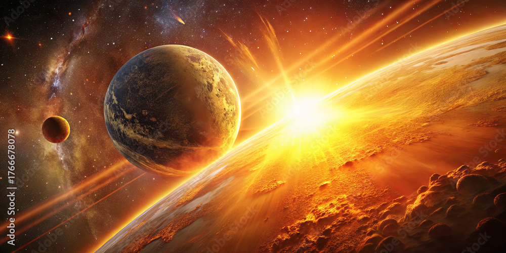 Obraz premium A vibrant cosmic landscape shows planets orbiting a bright star with rays of light bursting across the scene. This celestial view captures the beauty of the universe at dawn