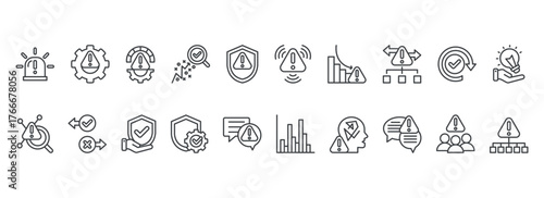 Crisis Management icon collection set. Containing emergency, alert, risk, strategy, shield, warning, reduction, prediction icon. Simple outline vector