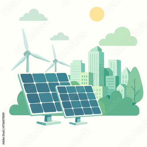 Wind turbines, solar panels, city skyline showcase clean energy usage. Suitable for sustainability, green energy, environmental concepts, and presentations.