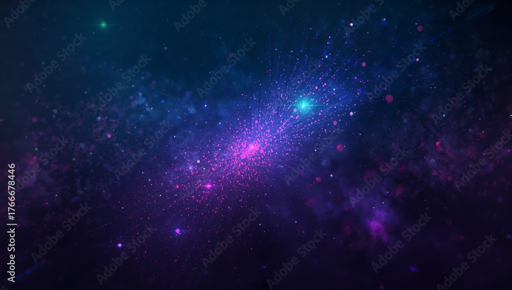 Fototapeta premium Emitting violet-pink glow, nebula cluster floating in deep outer space with streaming particles