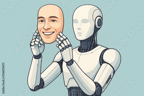 Futuristic humanoid robot holding a smiling human face mask, concept illustration representing artificial intelligence, machine learning, robotics, technology ethics, and human emotion simulation
