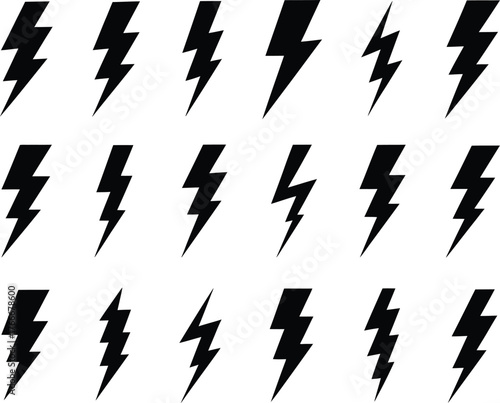 A Collection of Lightning Bolt Icons in a Grid, Ideal for Design and Symbolism