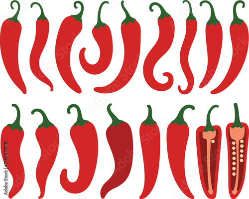 Collection of Stylized Red Chili Peppers, Isolated on White Background, Vector Illustration