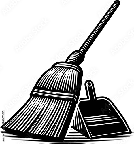 A black and white illustration featuring a broom and dustpan positioned together against a plain white background. This image depicts common cleaning tools.