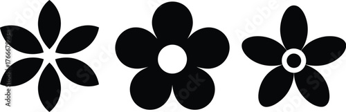 A versatile collection of three distinct minimalist black flower silhouettes, ideal for modern graphic design projects, embodying natural botanical elegance as clean vector elements