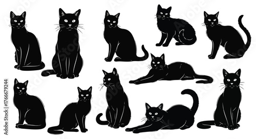 A set of cute black cat silhouettes and cartoon kittens, a fun domestic pet design illustration for Halloween