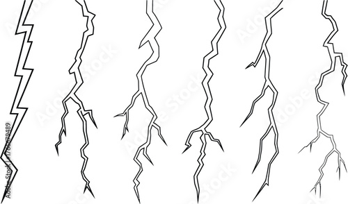 A set of six black and white line drawings showcasing different artistic styles of lightning bolts, from simple to complex