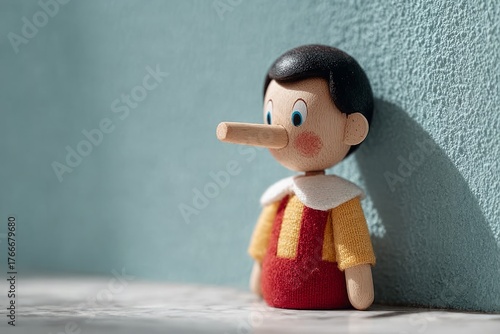 Wooden Pinocchio toy leaning against a blue wall.