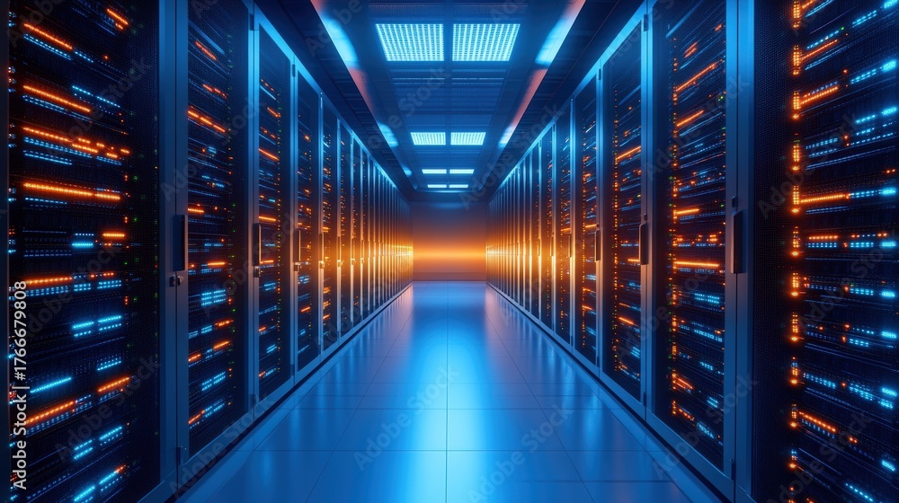 Obraz premium A futuristic server room with rows of illuminated racks, showcasing vibrant blue and orange lights, creating a high-tech atmosphere.