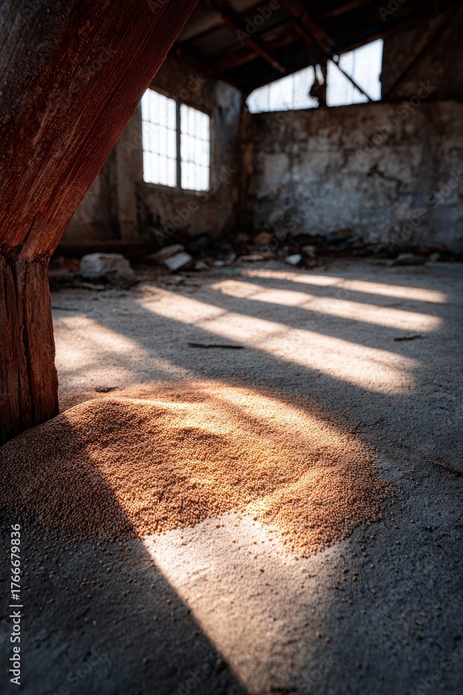 Obraz premium Sunlit shadows in an abandoned warehouse with rustic textures.