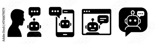 Chatbot and AI communication silhouette icons ,robot chat, smartphone