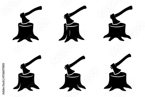 Axe and stump icons, logging, woodcutting, forest