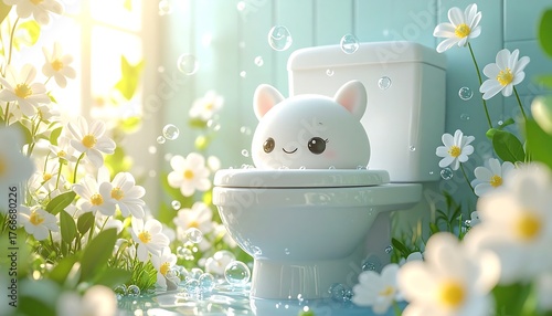 Adorable kawaii character on a toilet in a whimsical, sunlit bathroom filled with blooming flowers and bubbles