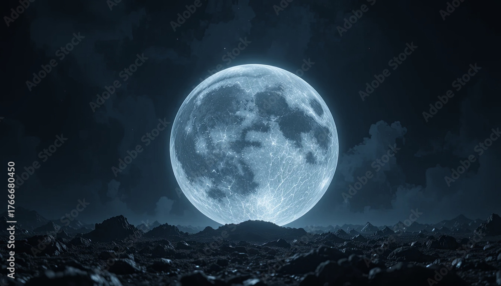 Fototapeta premium A full moon shines brightly over a rocky terrain during a clear night. The lunar glow highlights the rough details of the landscape, creating a serene and mystical atmosphere