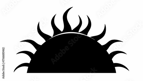Stylized black sun rising or setting with flame like rays on a white plain background scene view