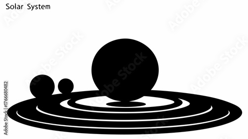 Stylized solar system illustration with planets orbiting a central star in black and white simple design