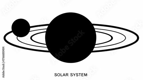 Illustration of a black planet with rings and a smaller moon orbiting around the main planet view