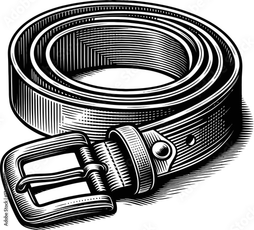 A vintage style illustration of a leather belt with a metal buckle. The belt is rolled up and detailed with linework, showcasing its texture and classic design.