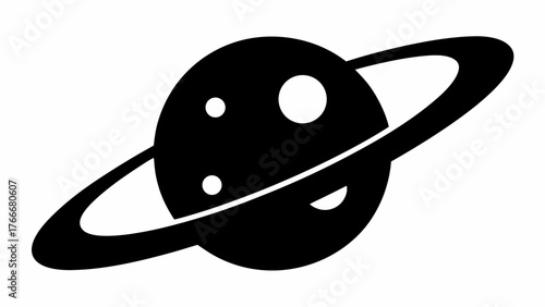 A stylized black and white depiction of a planet with rings and three visible moons in space view