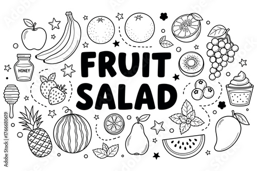 Black and white fruit salad design with honey and desserts