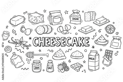Cheesecake ingredients: milk, eggs, sugar, butter, jam, cheese, chocolate