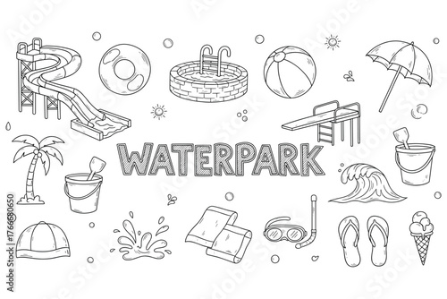 Outline illustration of water park elements with slides and pool