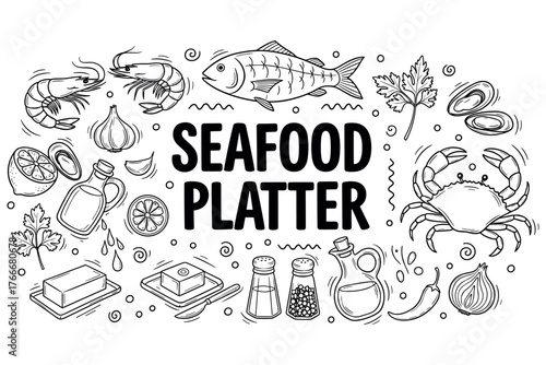 Seafood platter illustration with fish, shrimp, and crab in black and white