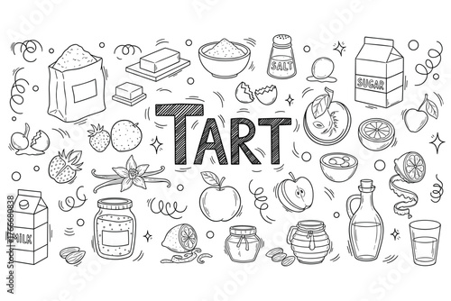 Hand-drawn tart ingredients: sugar, fruits, spices, and baking essentials