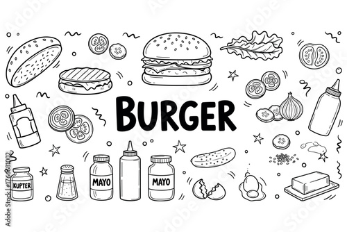 Hand-drawn burger ingredients and condiments in black and white