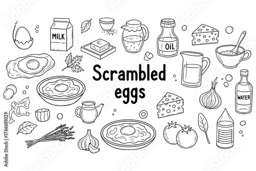 Scrambled eggs ingredients illustration with milk, cheese, tomatoes, herbs, and spices