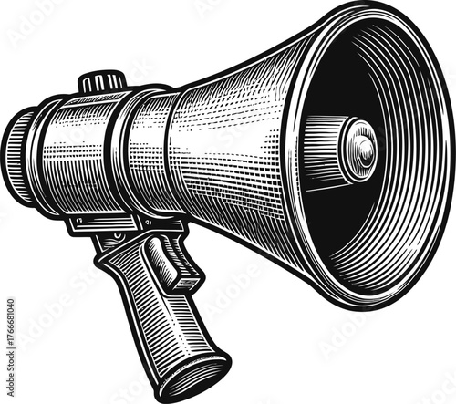 A black and white engraved illustration of a vintage megaphone. The device features a handle with a button and a large conical speaker. Isolated on a white background.